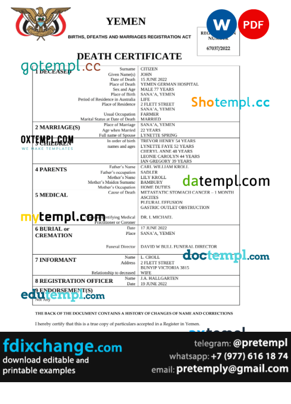 download Yemen death certificate template free fonts, completely editable