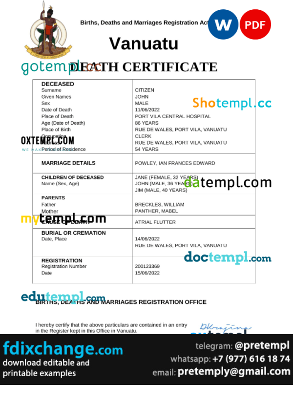 download Vanuatu death certificate template free fonts, completely editable