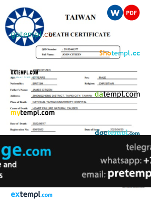 download Taiwan death certificate template free fonts, completely editable
