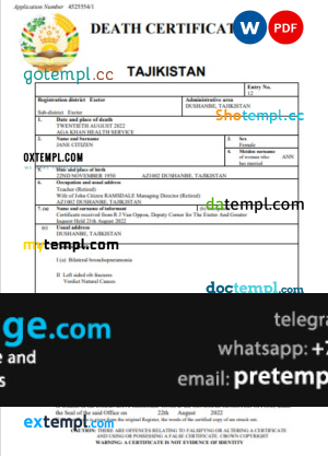 download Tajikistan vital record death certificate template free fonts