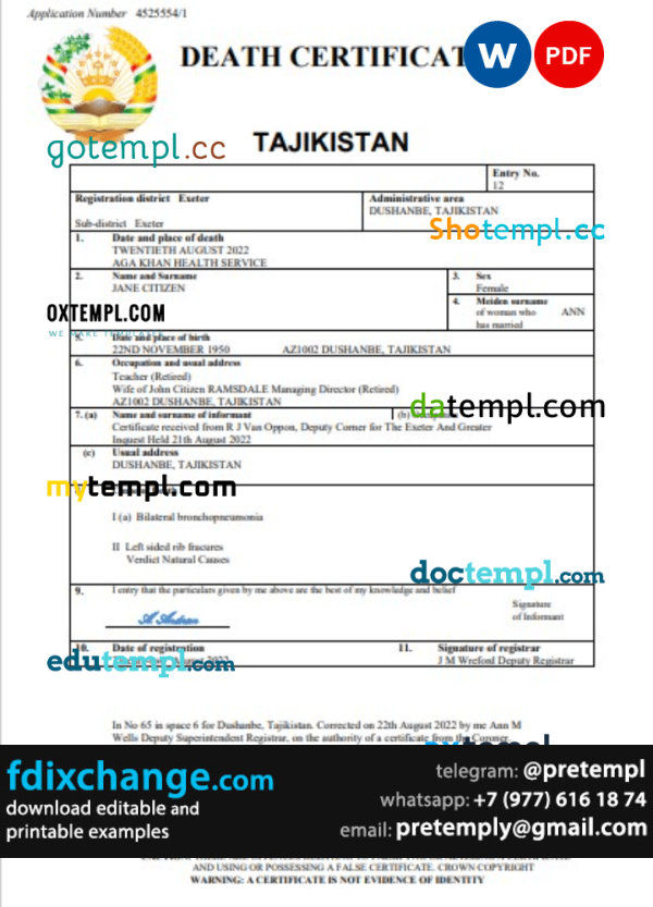 download Tajikistan vital record death certificate template free fonts