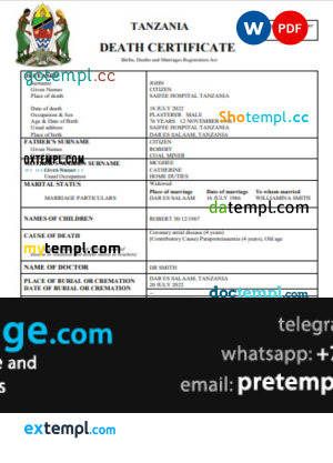 download Tanzania vital record death certificate template free fonts