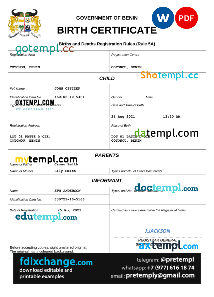download Benin birth certificate template free fonts, completely editable