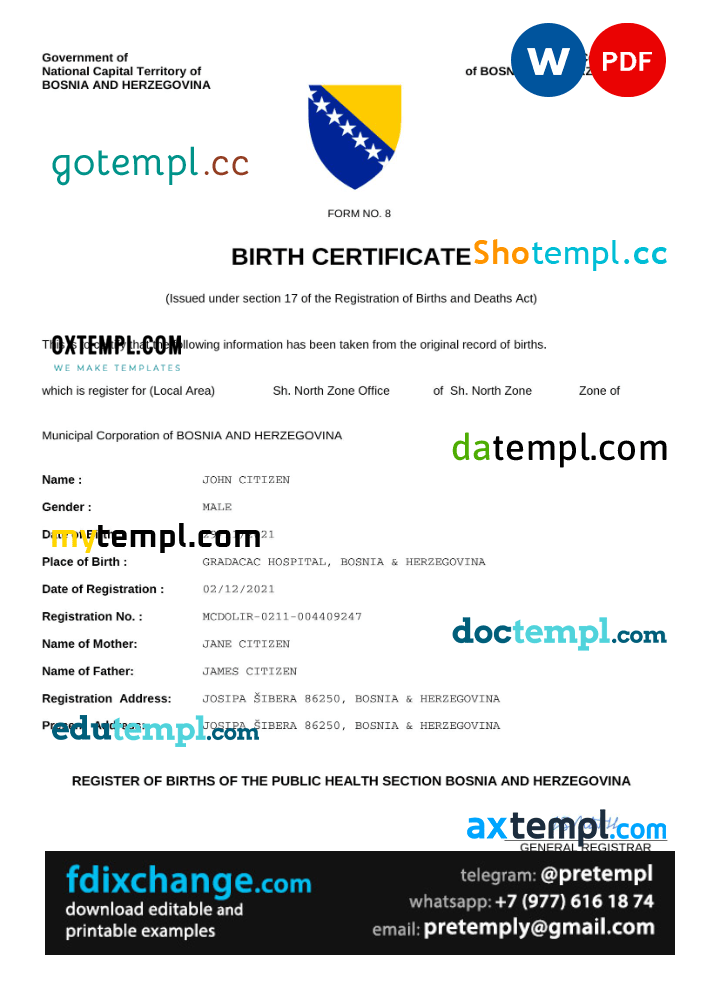 download Bosnia and Herzegovina vital record birth certificate template free fonts, fully editable