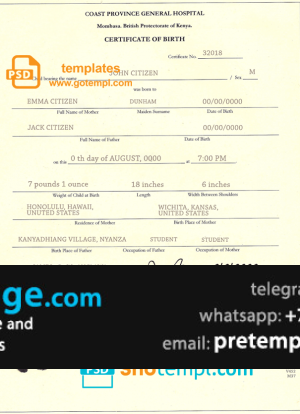 download Kenya birth certificate template free fonts, fully editable