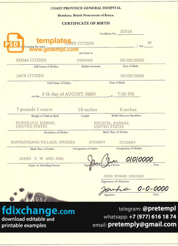 download Kenya birth certificate template free fonts, fully editable