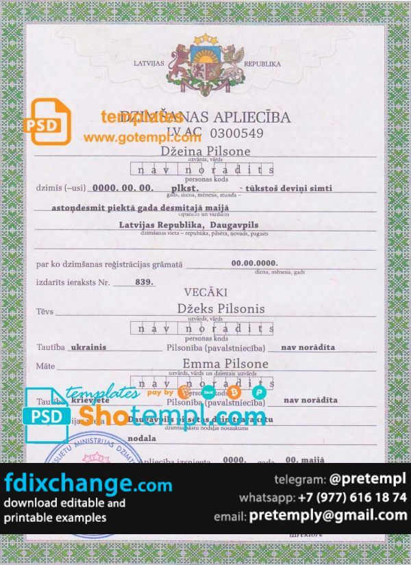 download Latvia birth certificate template free fonts