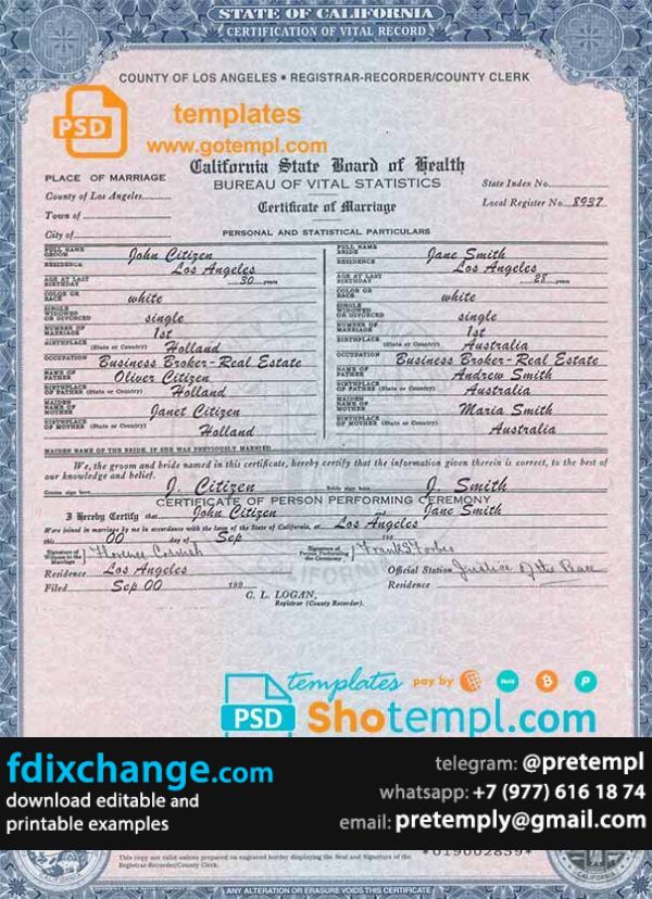 download USA California Marriage Certificate template free fonts