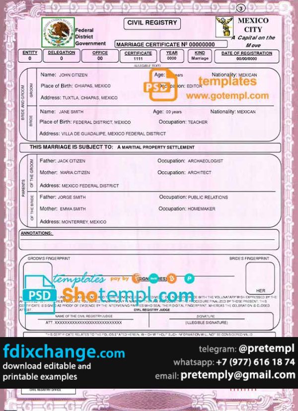 download Mexico marriage certificate template free fonts, fully editable