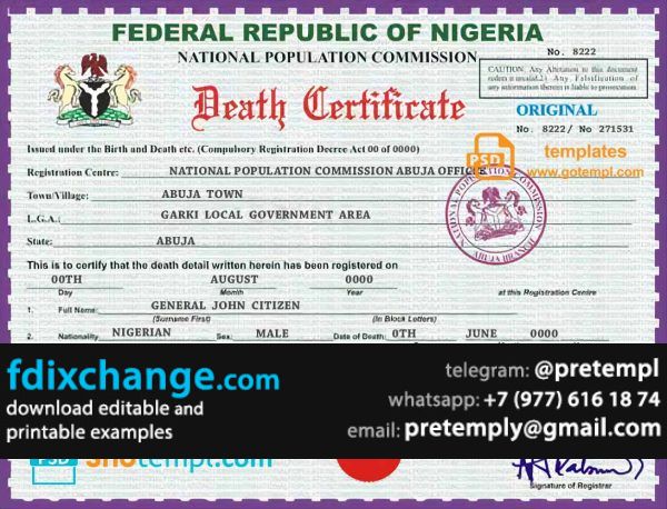 download Nigeria death certificate template free fonts, fully editable
