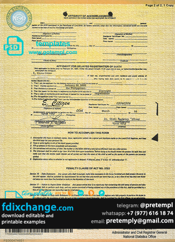 download Philippines birth certificate template free fonts, fully editable