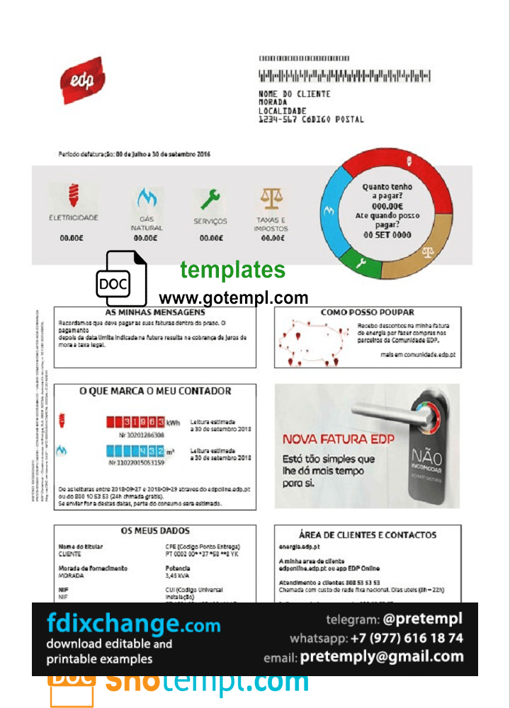 download Portugal EDP utility bill template free fonts, good for address prove