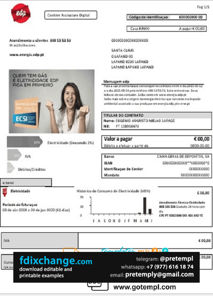 download Portugal EDP electricity utility bill template free fonts