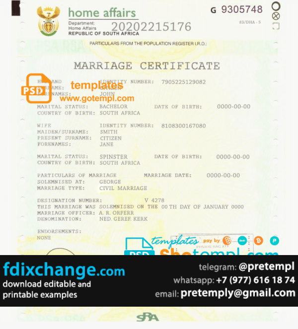 download South Africa marriage certificate template free fonts, fully editable