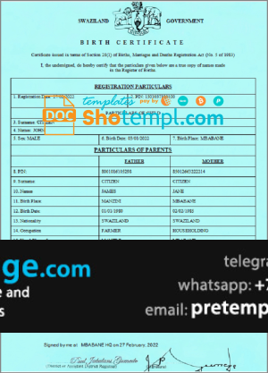 download Swaziland birth certificate template free fonts