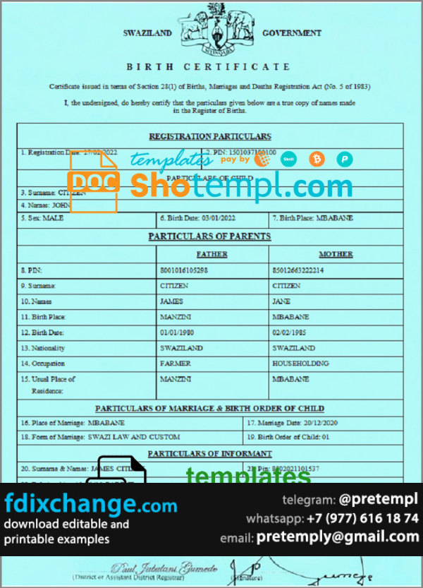 download Swaziland birth certificate template free fonts