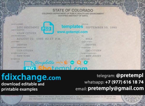 download USA Colorado state birth certificate template free fonts, fully editable
