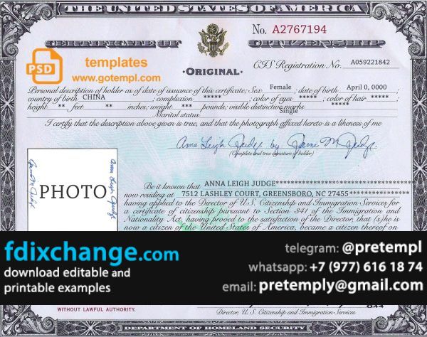 download USA Citizenship certificate template free fonts, fully editable