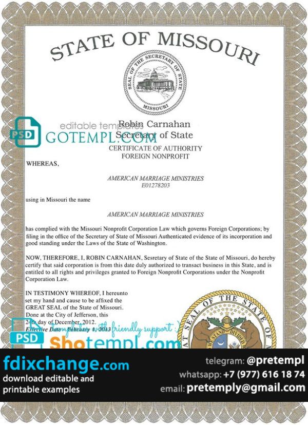 download USA Missouri marriage certificate template free fonts