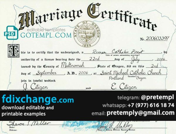 download USA Oregon state marriage certificate template free fonts