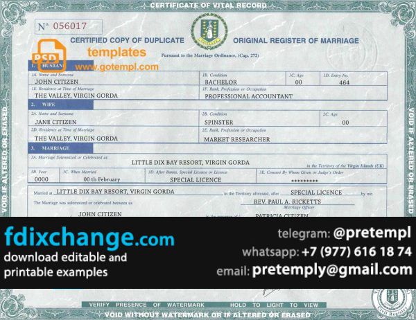 download United Kingdom Virgin Islands marriage certificate template free fonts