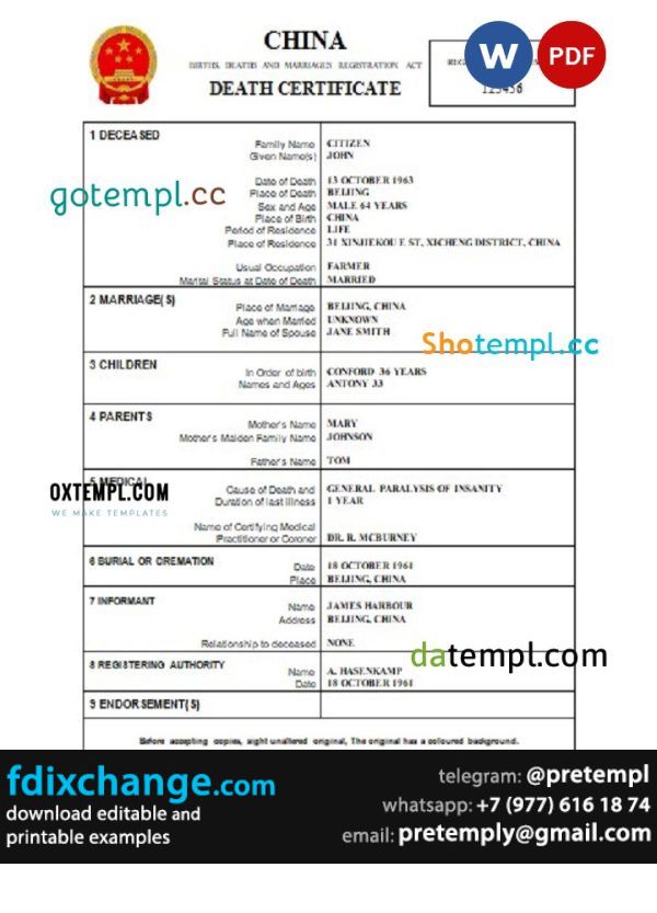 download China vital record death certificate template free fonts