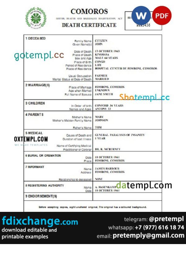 download Comoros vital record death certificate template free fonts