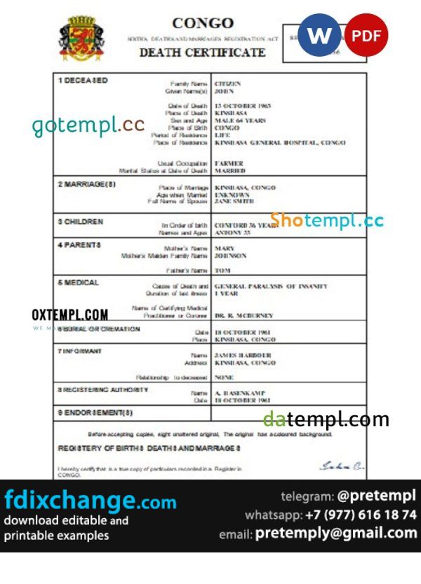 download Congo death certificate template free fonts, completely editable