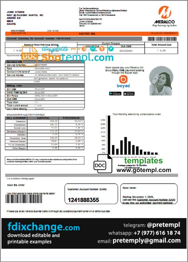 download Philippines Meralco electricity utility bill template free fonts, version 2