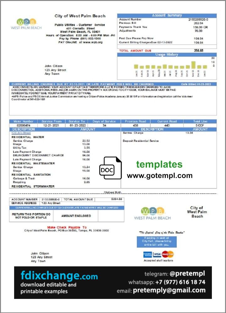 download USA Florida City of West Palm Beach utility bill template free fonts