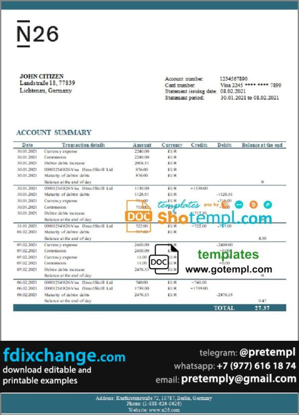 download Germany N26 bank statement template free fonts